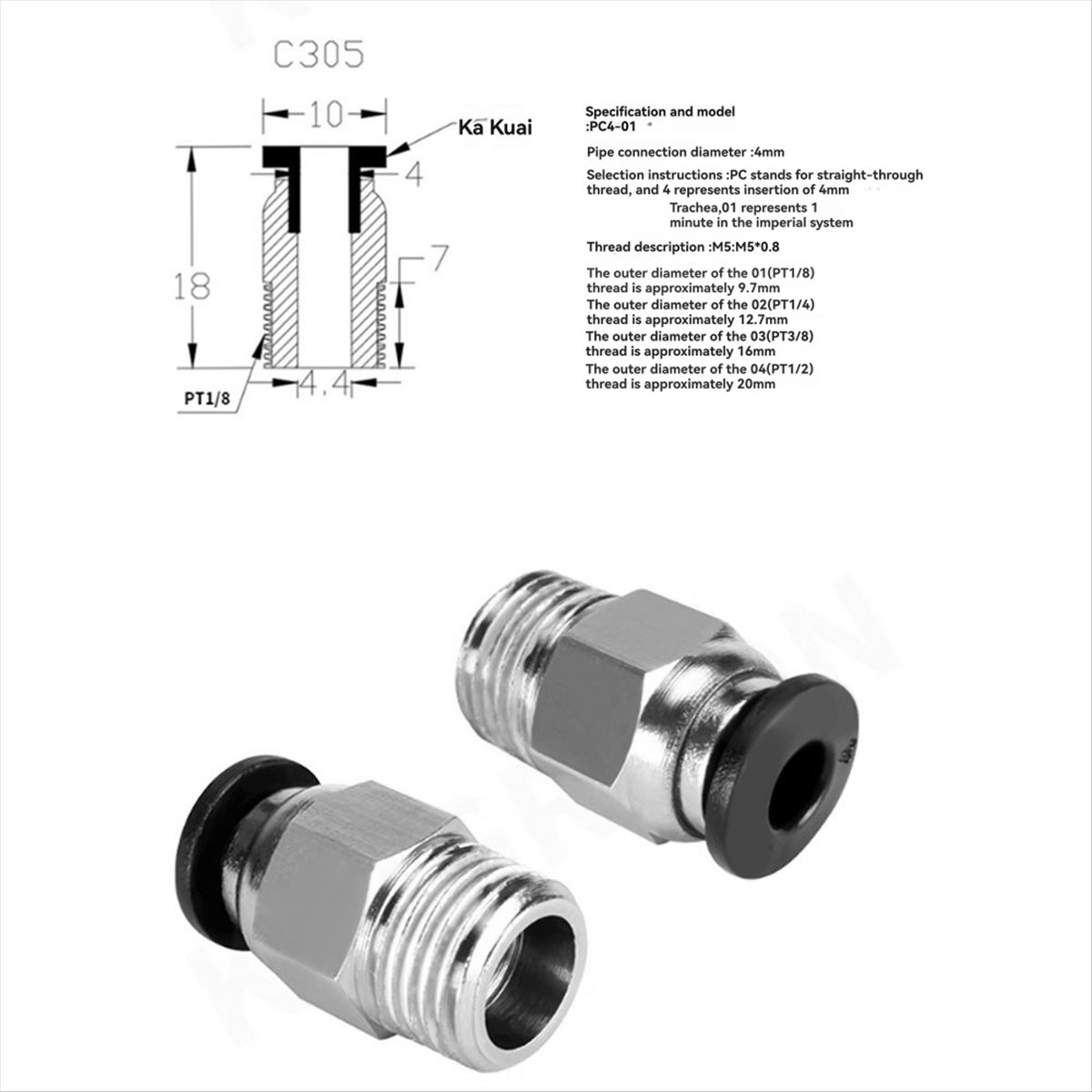 Ptfe Tube - 【A60I】 Conector Pneumático Reto Macho PC4-M10